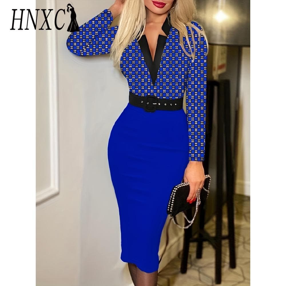 HNXC Women's Fashion Spring Autumn Long Sleeve V-Neck High Waist Casual Dresses XXL