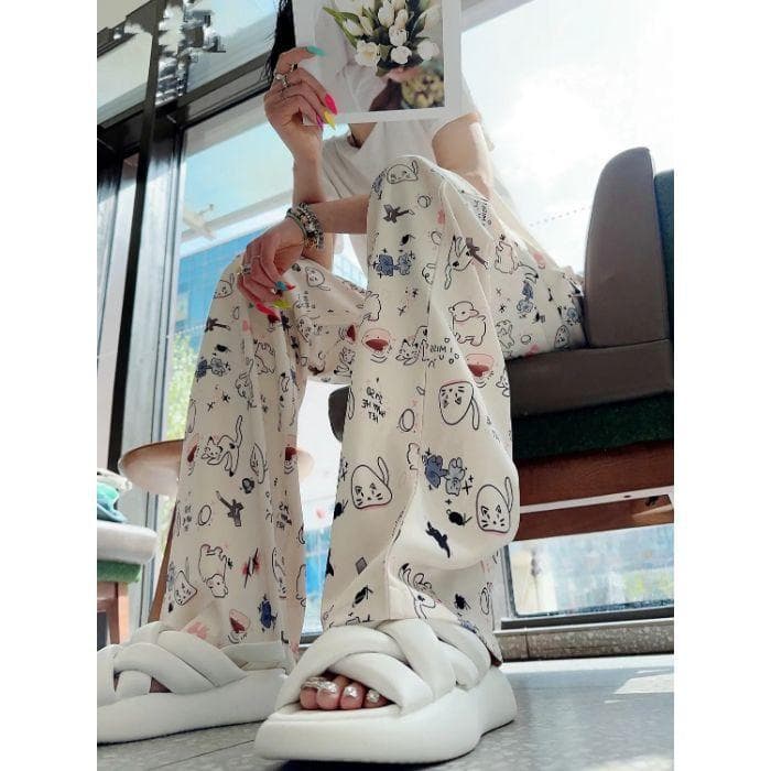 Niche Graffiti Printed Ice Silk Casual Pants for Women In Summer High-waisted Slim and Versatile Straight Wide-leg Pants XXXL