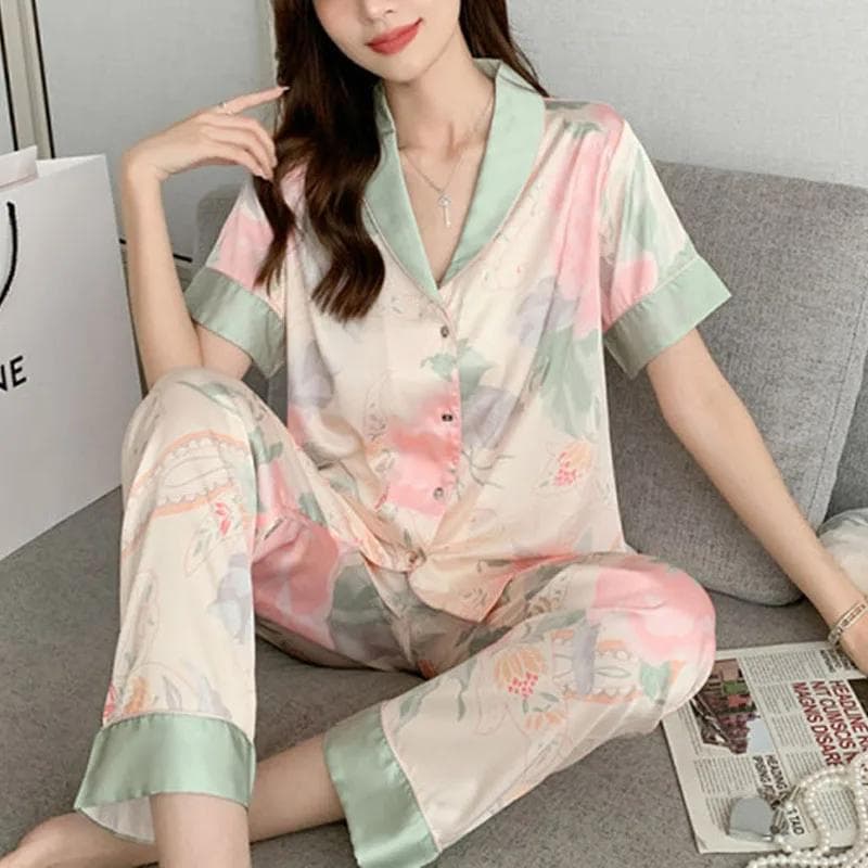 Woman Pijamas Short Sleeve Long Trousers Loose Student Home Wear Lotus Cardigan Lapel Sleepwear Girl Floral Nightwear Loungewear M pink
