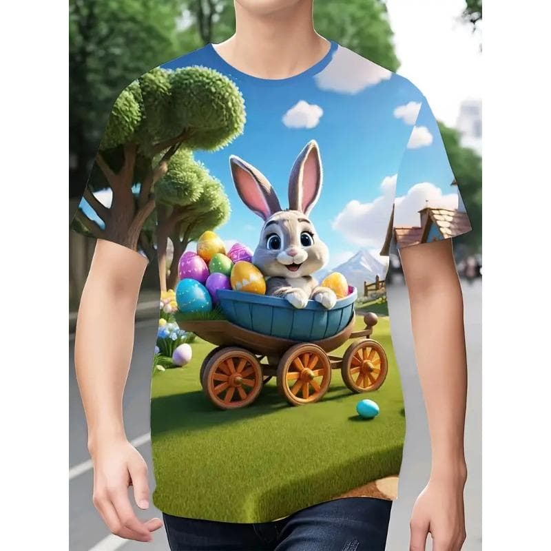 Men's Easter Bunny Tshirt Tops 3D Print Cute Rabbit With Eggs T Shirt For Men New In Round Neck Short Sleeve Tee Shirts M