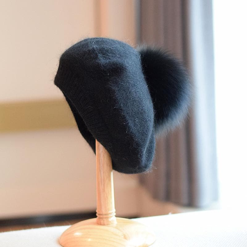 2022 Japanese Angora Rabbit Beret for Women Winter Warm Soft Knit Berets Mink Fox Pom Pom Hat Wool Cap Wholesale 55-60cm