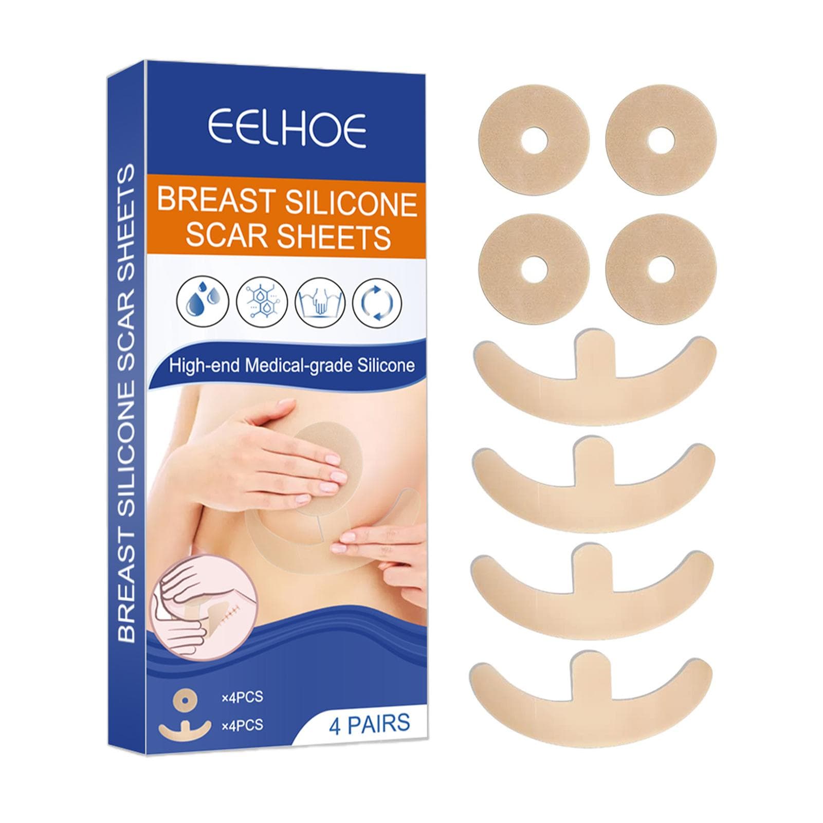 EELHOE 4 Pairs Breast Silicone Scar Sheets Safety Mild Reduce Flatten Dilute Soften Scars 4 Pairs