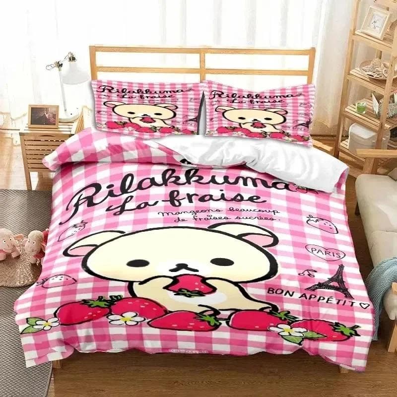 3dCartoon Rilakkuma Bear Bedding Set Duvet Cover Bed Set Quilt Cover Pillowcase Comforter king Queen Size Boys Adult Bedding Set EU Single 135x200cm