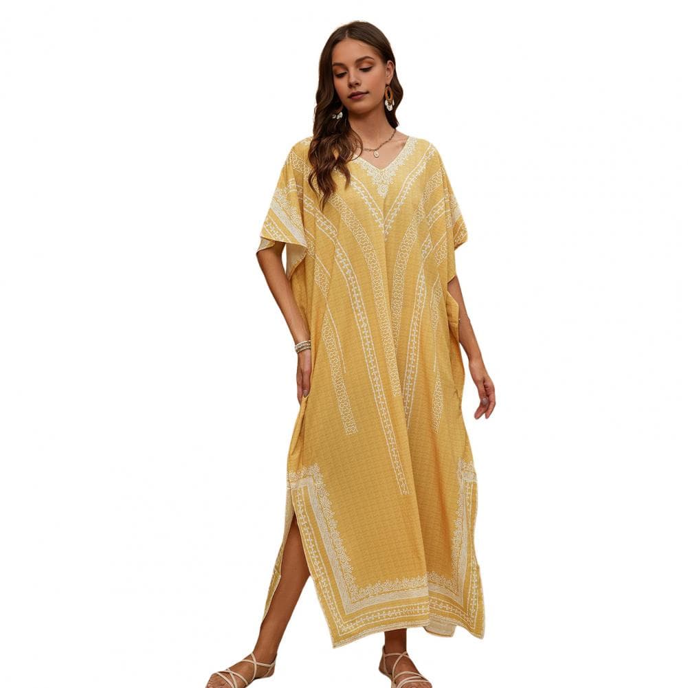 Bikini Cover Up Dress V-Neck Short Sleeve Loose Fit Robe Beach Sun Top Ethnic Style Pattern Side Slit Long Beach Dress One Size yellow