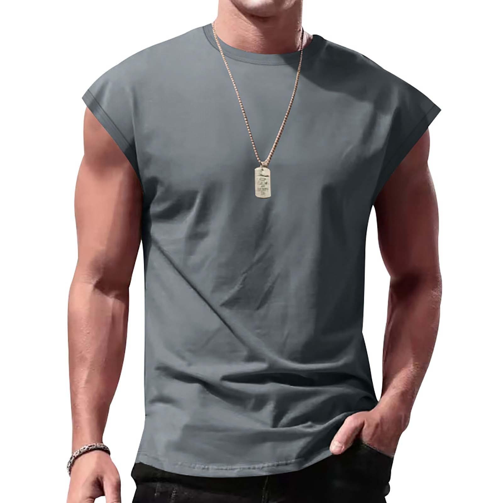 Men's Summer Sleeveless T-shirt Youth Casual Loose Solid Color Thin Camisole T-shirt XL gray