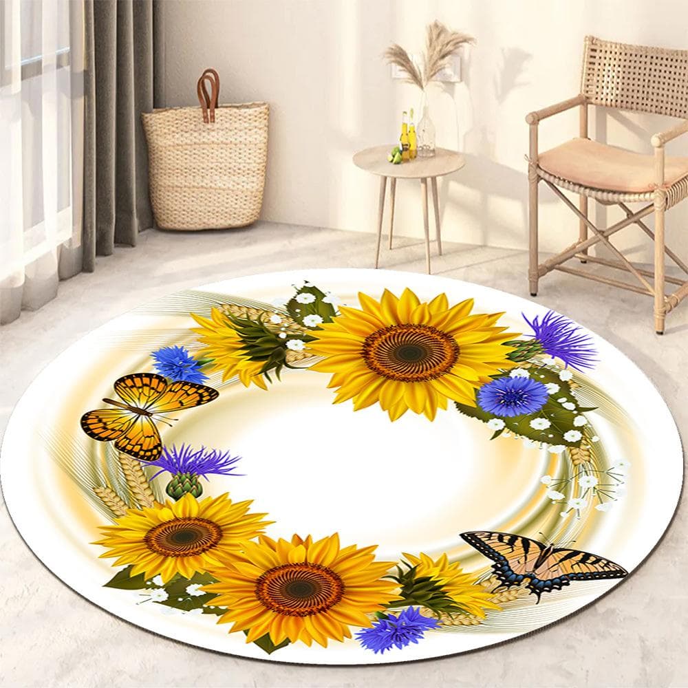 Sunflower Round Rug Living Room Bedroom Modern Floral Rug Floor Mat Chair Home Decoration diameter 80cm