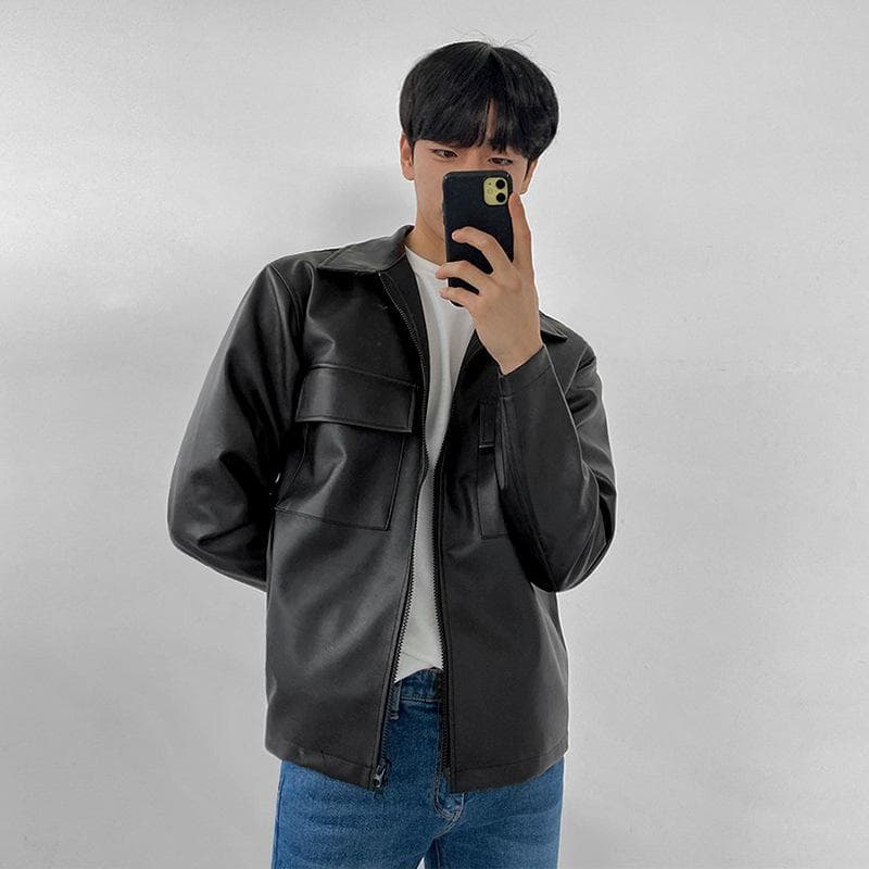 Men's Leather Jacket Spring Loose Versatile Top Korean Style Handsome Retro Lapel 2XL black