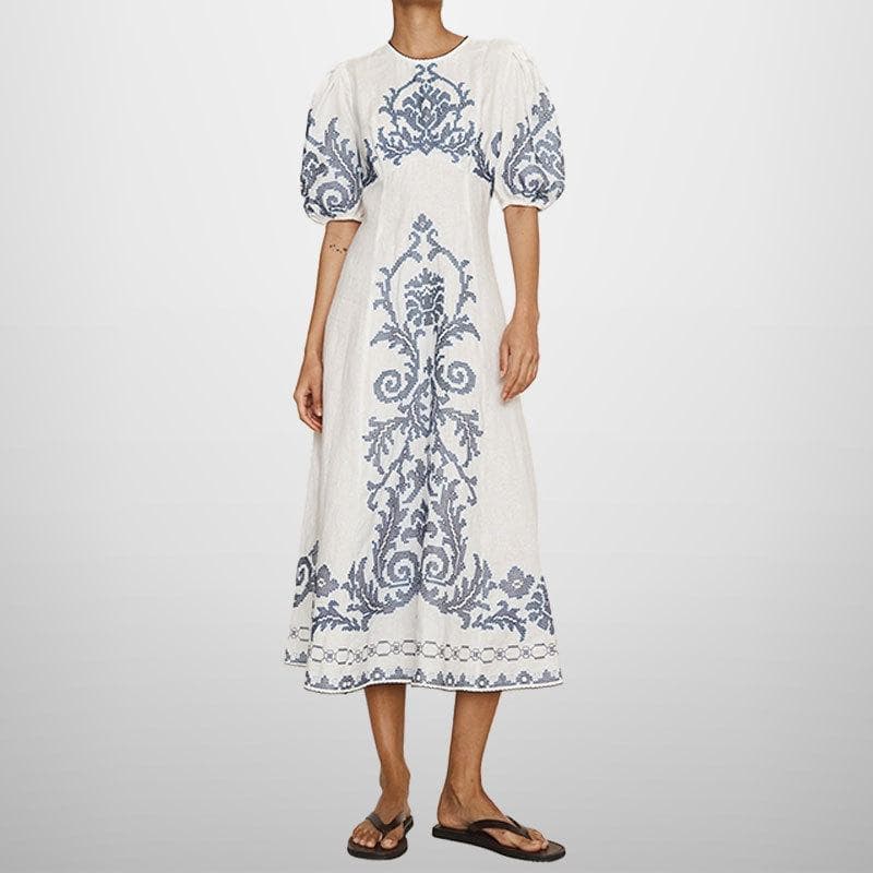 New Elegant Printed Elegant Round Neck Puff Sleeves High Waist Slimming Midi Dress 3XL