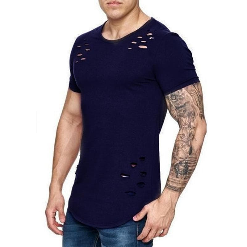 Summer T-Shirt Men Fashion Hole Distressed Fitness T Shirt Short Sleeve Solid Slim Fit Hip Hop T-shirt Yasheng M navy blue