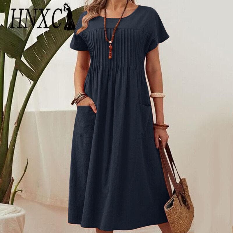 HNXC Summer Women Plus Size Dress Long Solid Cotton Linen Round Neck Pockets Pleated Short Sleeve Dresses XXL navy blue