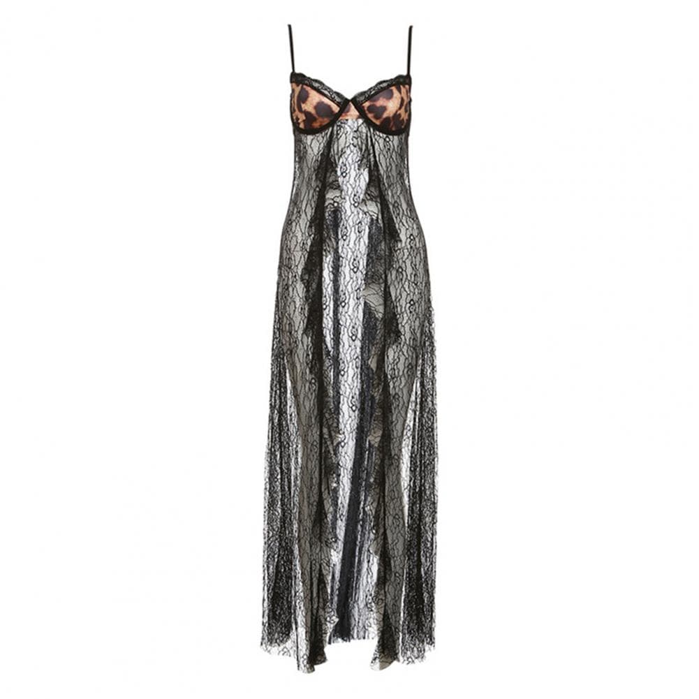 Women Sling Vest Spaghetti Strap Design Strappy Backless Leopard Print Bra Tops See-through Lace Hem Camisole L black
