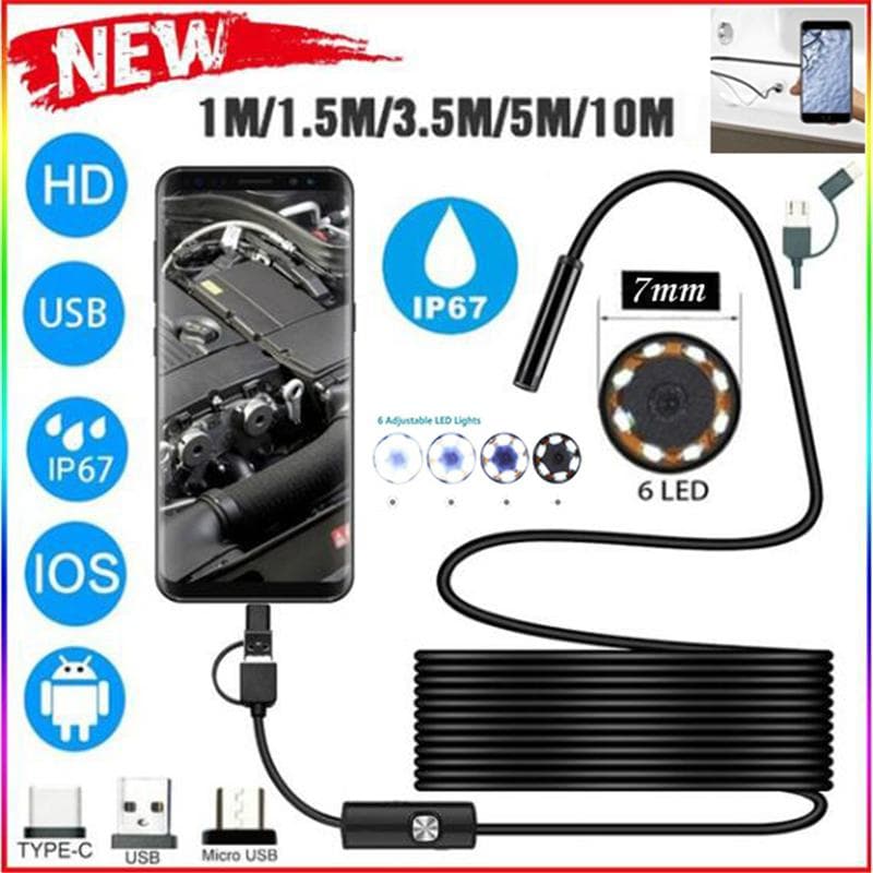 Upgrade 3 In1 with 6 LED Cable Waterproof Inspection Mirror Endoscope Camera HD USB Endoscope 7.0mm Optional Suitable 1.5m black