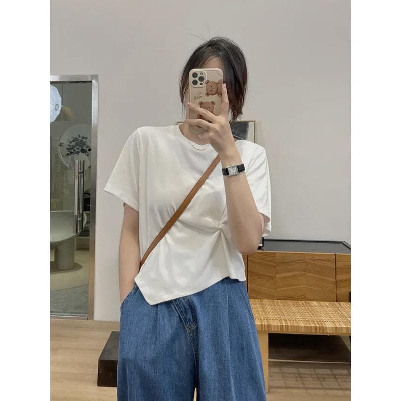 White Pure Cotton Short-sleeved T-shirt for Women's New Design Niche Irregular Loose Top Summer XL white