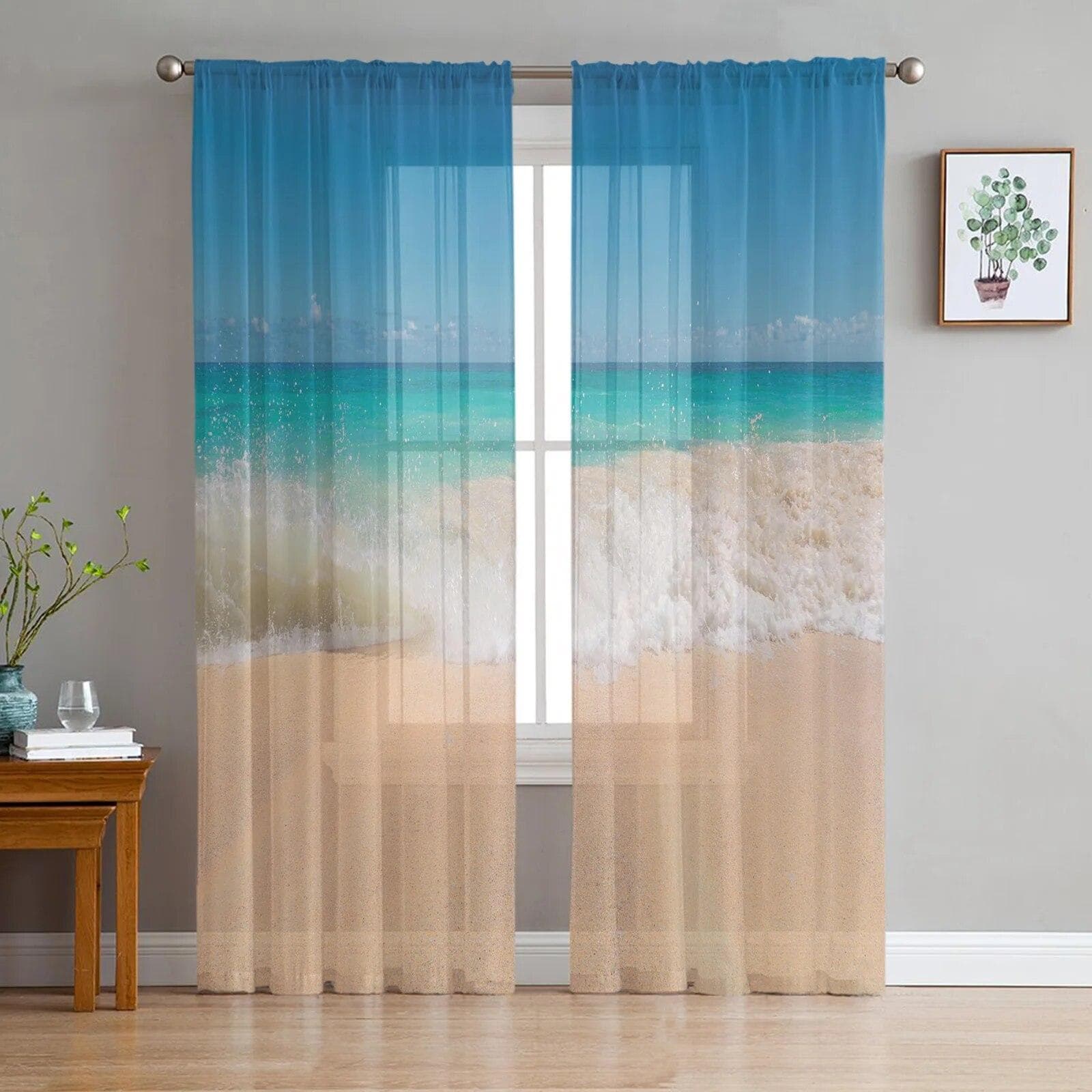 Sea Beach Gradual Blue Khaki Voile Sheer Curtains For Living Room Window Chiffon Tulle Curtain Kitchen Bedroom Drapes Home Decor 135W x 160H(cm)