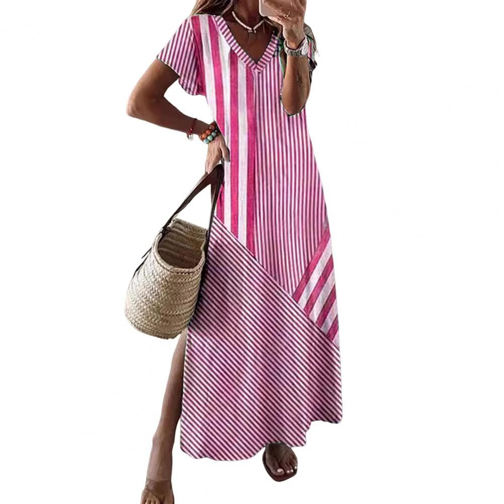 Summer Women Dress V Neck Side Split A-line Loose Short Sleeves Striped Print Pullover Ankle Length Vacation Beach Maxi Dress S rose red