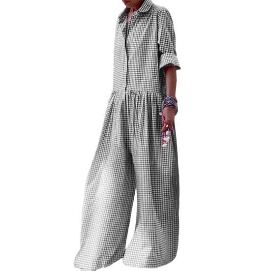 Women Jumpsuit Check Print Color Matching Long Sleeve Turn-down Collar Wide Leg Half Single-breasted Deep Crotch Casual Loose Long Jumpsuit M black gray