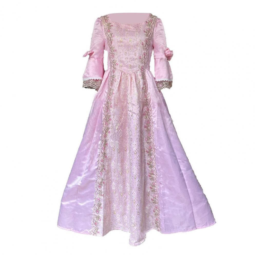 Women Performance Dress Stage Show Retro Royal Style Lace Bow Decor Bell Sleeve Patchwork A-line Hallowen Party Carnival Evening L pink