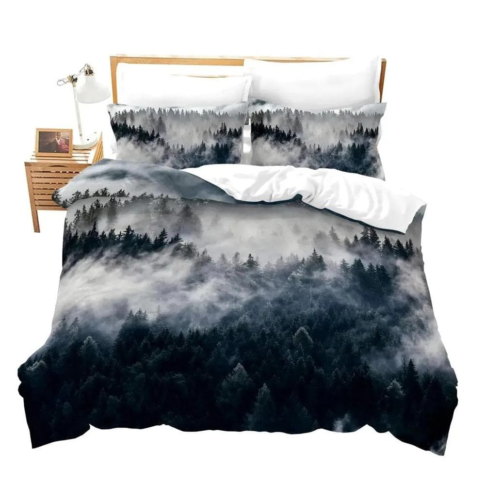 Smoky Mountain Duvet Cover Set Misty Forest Bedding Set Full Queen Size Grey Trees Natural Scenery Art Comforter Cover 150X200cm-3pcs