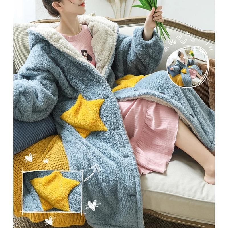 Fleece Hooded Robes Pajamas Women Bathrobe Lady Star Dressing Gown Fluffy Warm Nightwear Cartoon Thicken Kimono Soft Sleepwear L blue