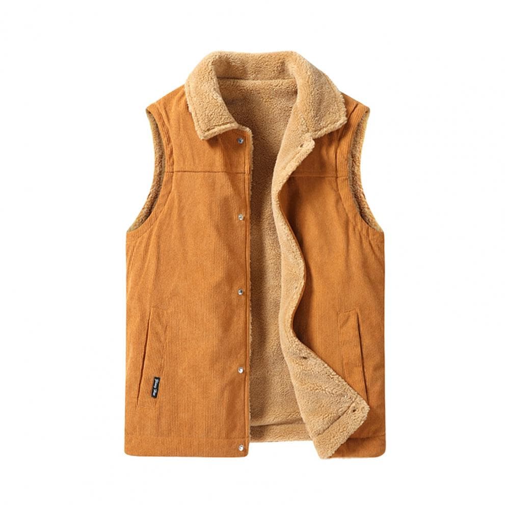 Men Winter Waistcoat Velvet Lining Corduroy Vest Coat Lapel Sleeveless Single-Breasted Thickened Vest with Pockets XL