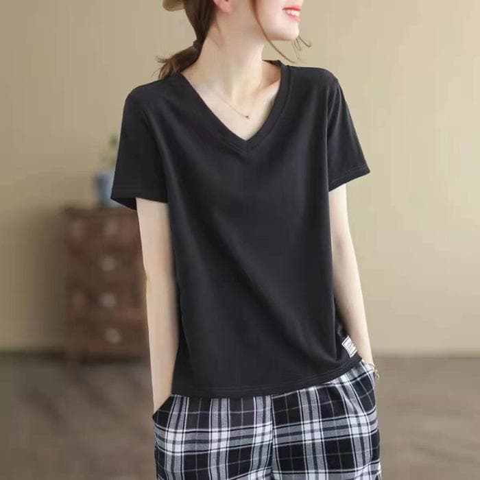 New Summer Short-sleeved T-shirt for Women Loose V-neck Casual Patch Base Shirt Top Literary and Comfortable Feeling Loose 4XL