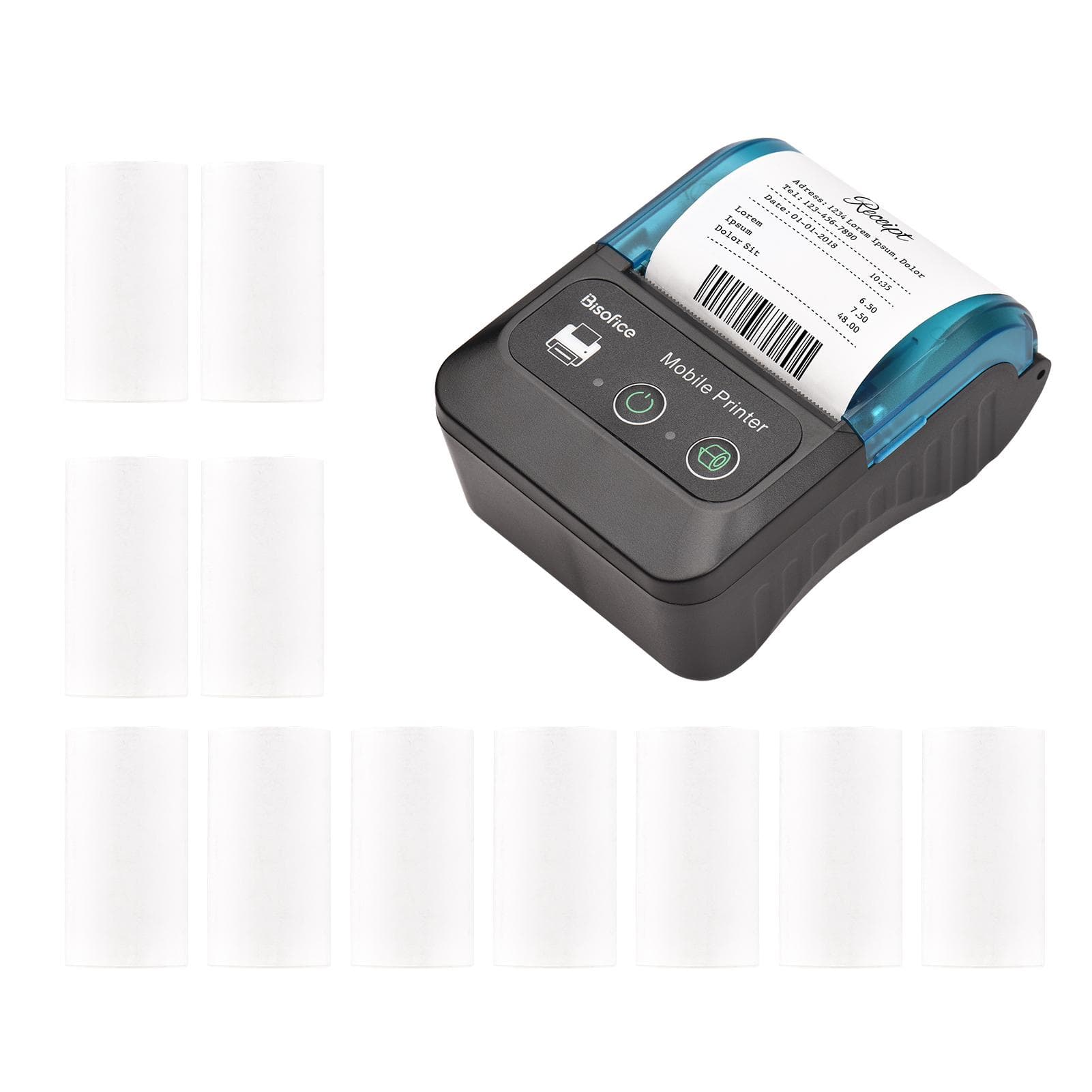 Bisofice Portable 58mm Receipt Thermal Printer 2 inches Mini Mobile Pocket Printers with 11 Thermal 11pcs paper roll blue
