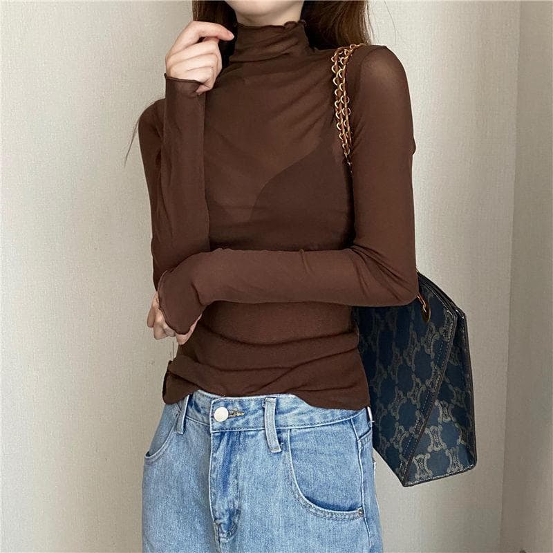 Sexy Women Shirt See Through Transparent Mesh Tops Long Sleeve Blouses Ladies Solid Turtleneck Silk T Shirt Lace Crop Top L coffee