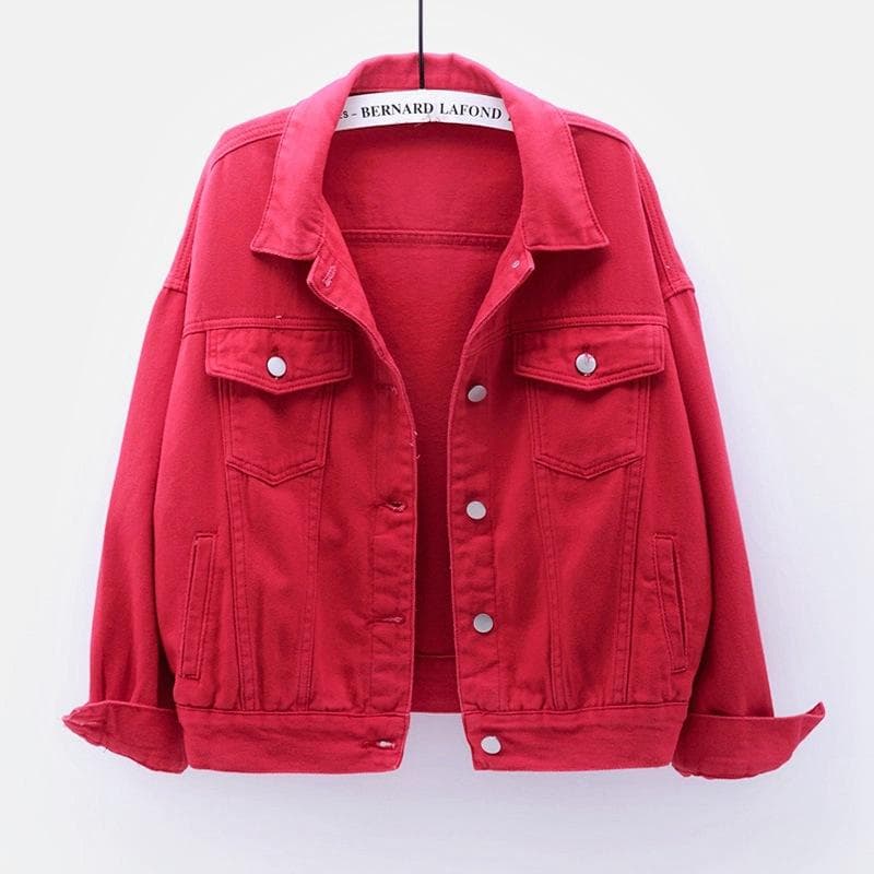 Spring New Color Denim Jacket Women's Short Korean Loose Long Sleeve Jacket Student Top M red