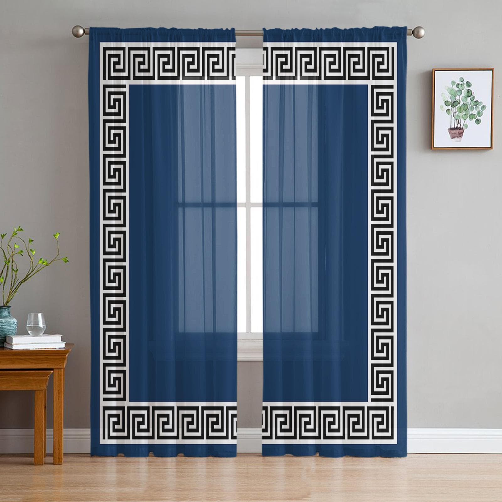 Red Geometric Greek Key Pattern Voile Sheer Curtains Living Room Window Chiffon Tulle Curtain Kitchen Bedroom Drapes Home Decor 135W x 114H(cm) x2