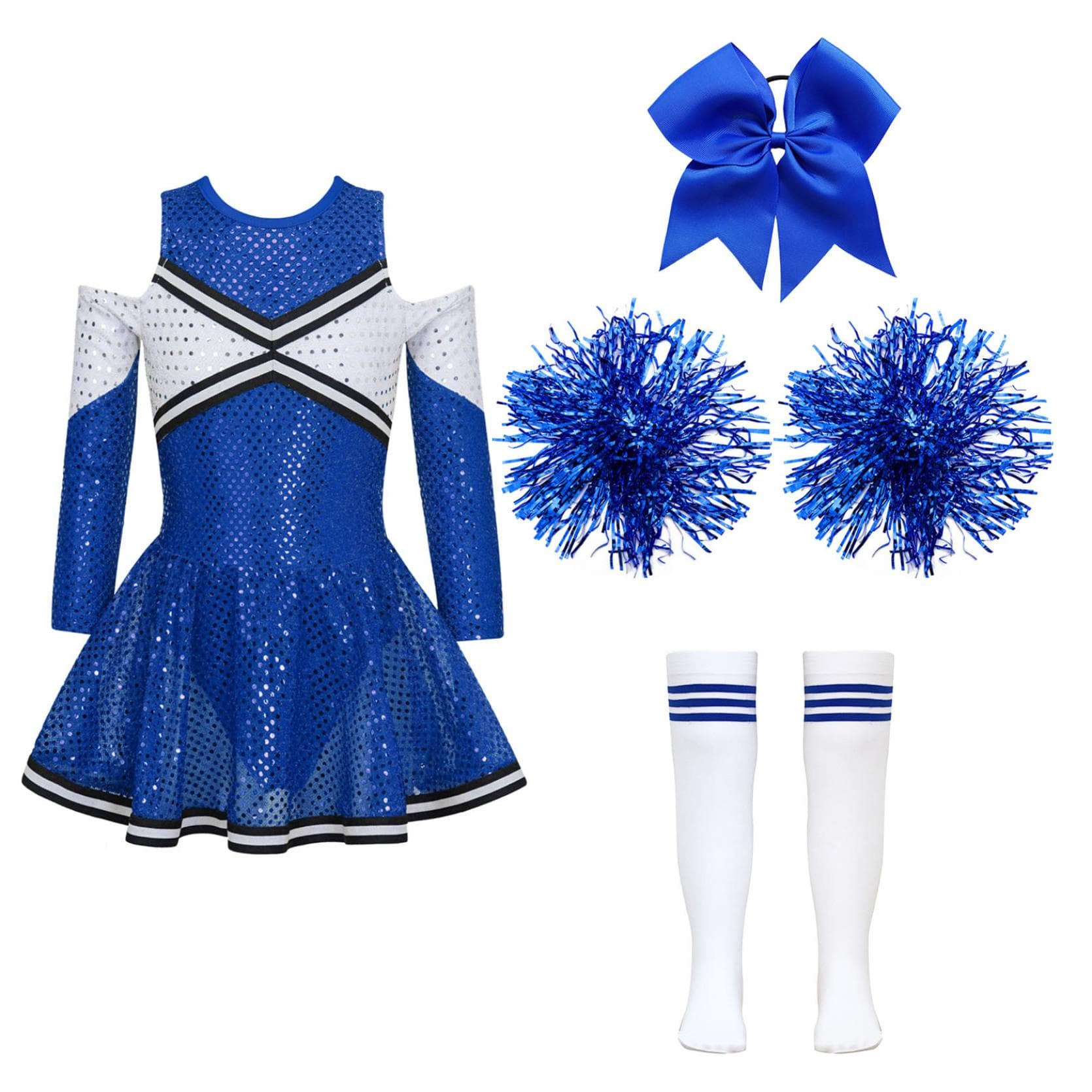 Cheerleading Costume for Girls Cheer Leader Sequins Long Sleeve Dress Set with Pom Poms Halloween Birthday Party 13-14 Years