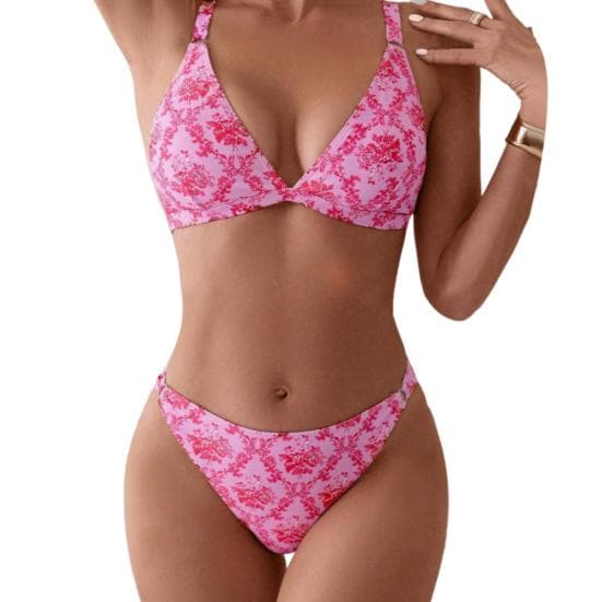 2Pcs/Set Sexy Bikini Set Floral Print Triangle String High Cut Swimsuit Adjustable S pink