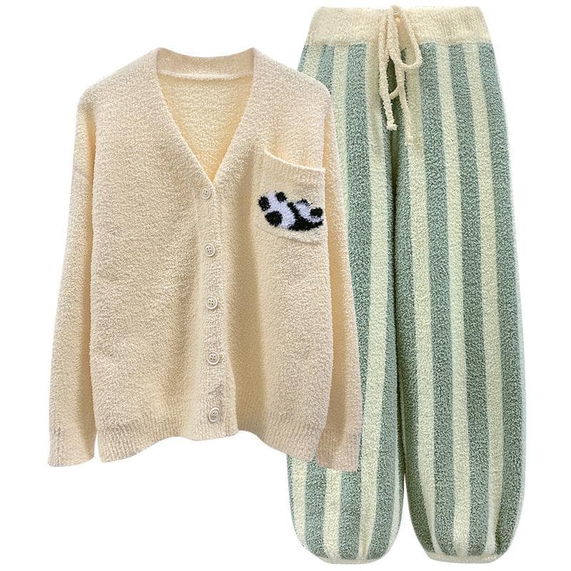 Pajamas Women Autumn Winter Cute Sweet Cardigan Striped Sleep Bottoms Plush Thickened Nightwear Warm Intimate Lingerie Home Wear One Size yellow