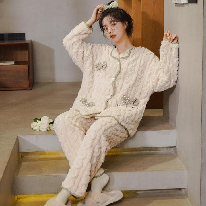 Coral Fleece Thickened Pajamas Women Autumn Winter Plush Added Sweet Cute Pink Girl Flannel Home Clothes Set Casual Nightwear 2XL
