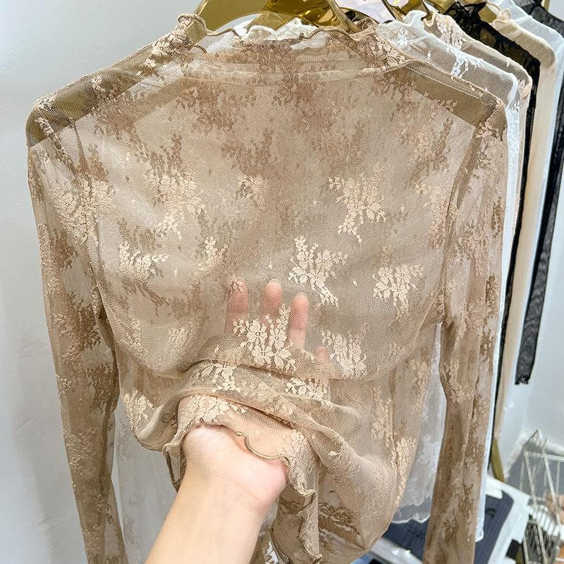 Wooden Ear Edge Lace Leggings Women's Long Sleeve Slim Inside Take Transparent Gauze Top S khaki
