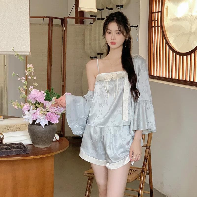 French Pajamas Suit New Sling Ice Silk Sexy Three-piece Suit Long-sleeved Outwear Home Clothes Women XL