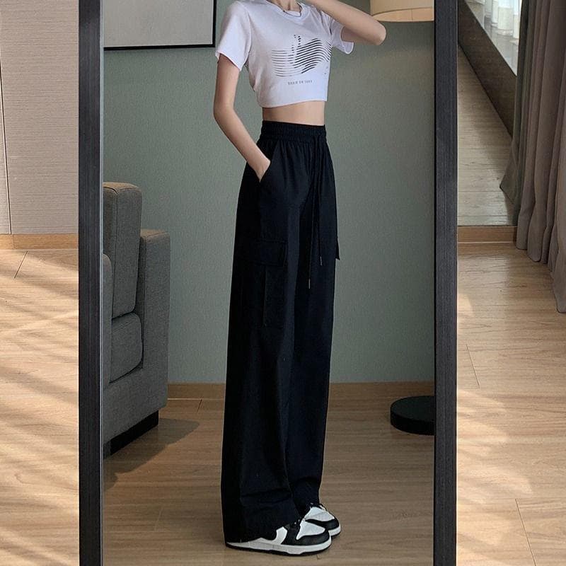 Summer Thin High-waisted Thin Quick-drying Sunscreen Casual Straight Spice Girl American Wide-leg Pants 2XL black