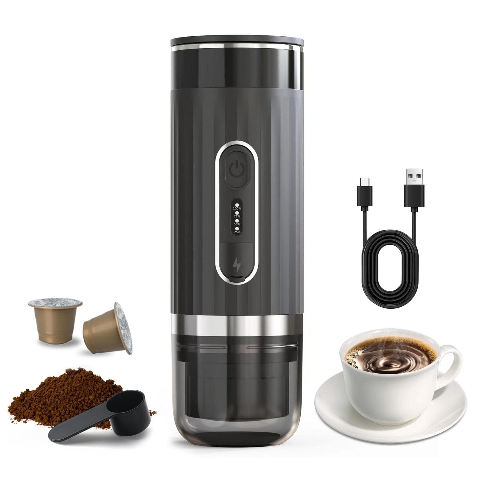 3-in-1 Portable Electric Espresso Coffee Machine 15-20Bar One Click Cold Hot and Heating Brew Mini 2000mAh black