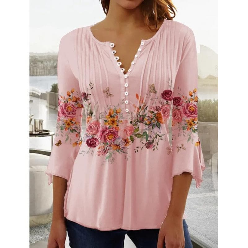 Women Spring Floral Printing Puff Long Sleeve T-Shirts Loose Buuton V-Neck Plus Size Tee Shirt Tops Shirts Ans Blouses XXXXL pink