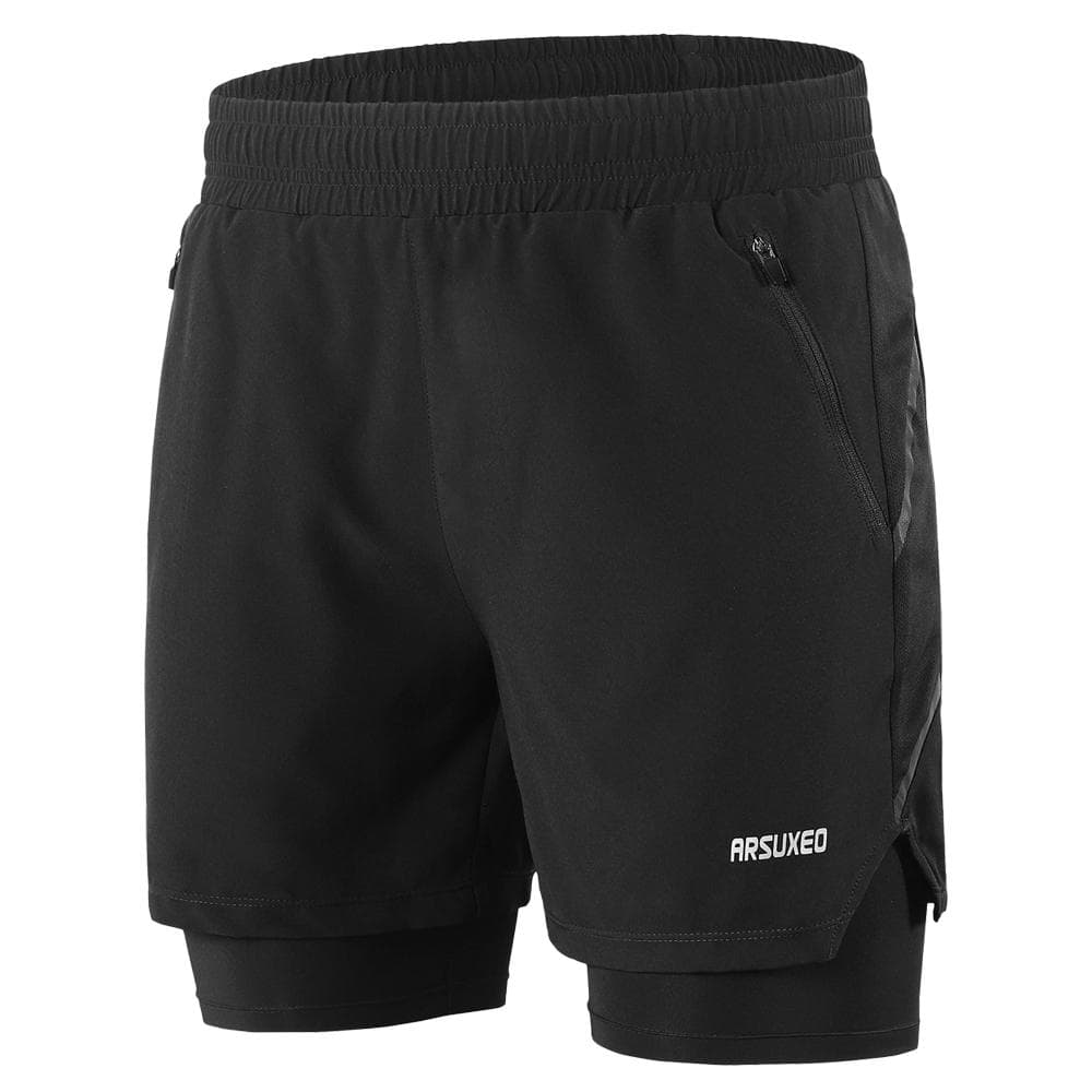 Men 2 in 1 Running Shorts Quick Drying Breathable Active Training Exercise S black