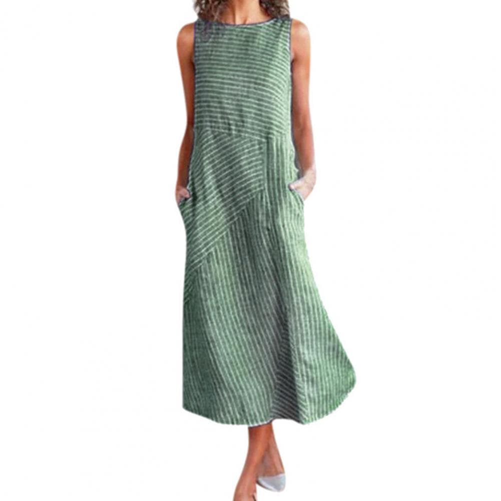 Summer Sundress Striped Print Sleeveless O Neck A-line with Side Pockets Loose Mid-calf Length Patchwork Casual Daily Wear Midi M green