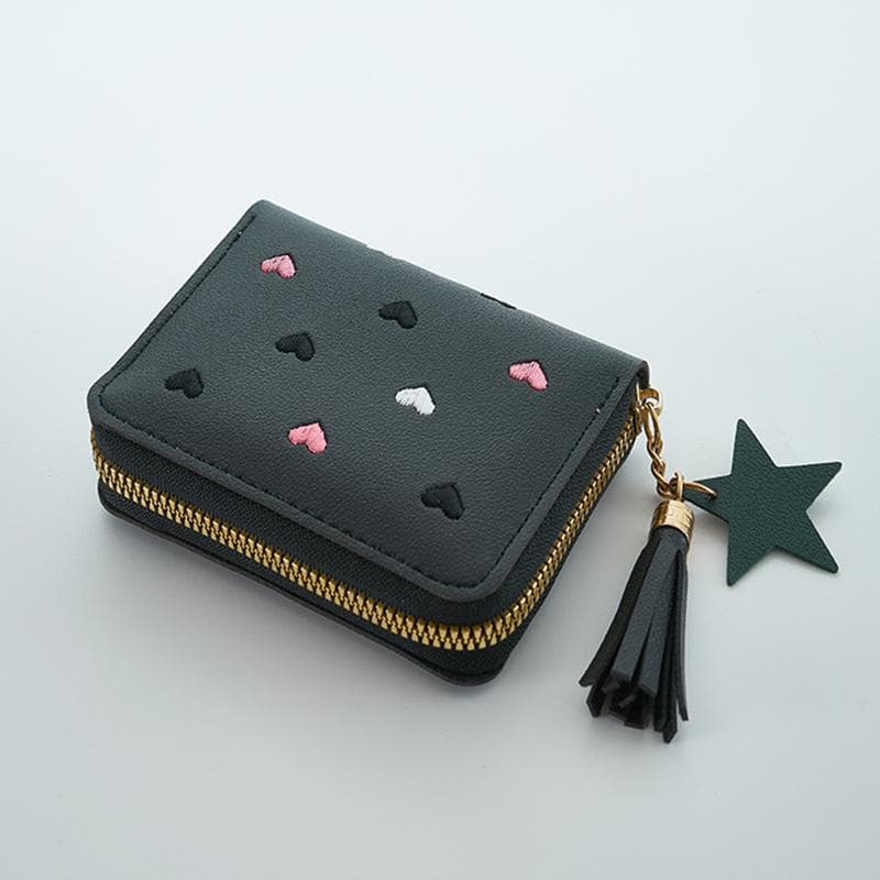 Pu Leather Card Bag Mini Wallet Ladies Money Clip Love Embroidery Multifunctional Wallet Women Short Certificate Storage Bags black