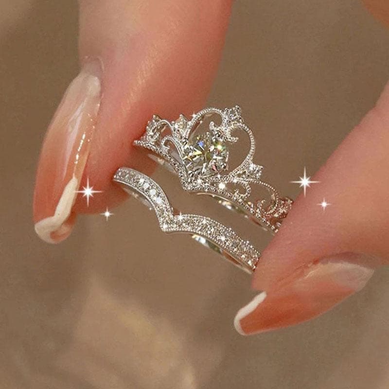 2PCS Fairy Sparkling Crown Rings for Women Teen Crystal Korean Adjustable Silvery Anniversary Gift Party Queen Ring Set Jewelry silver