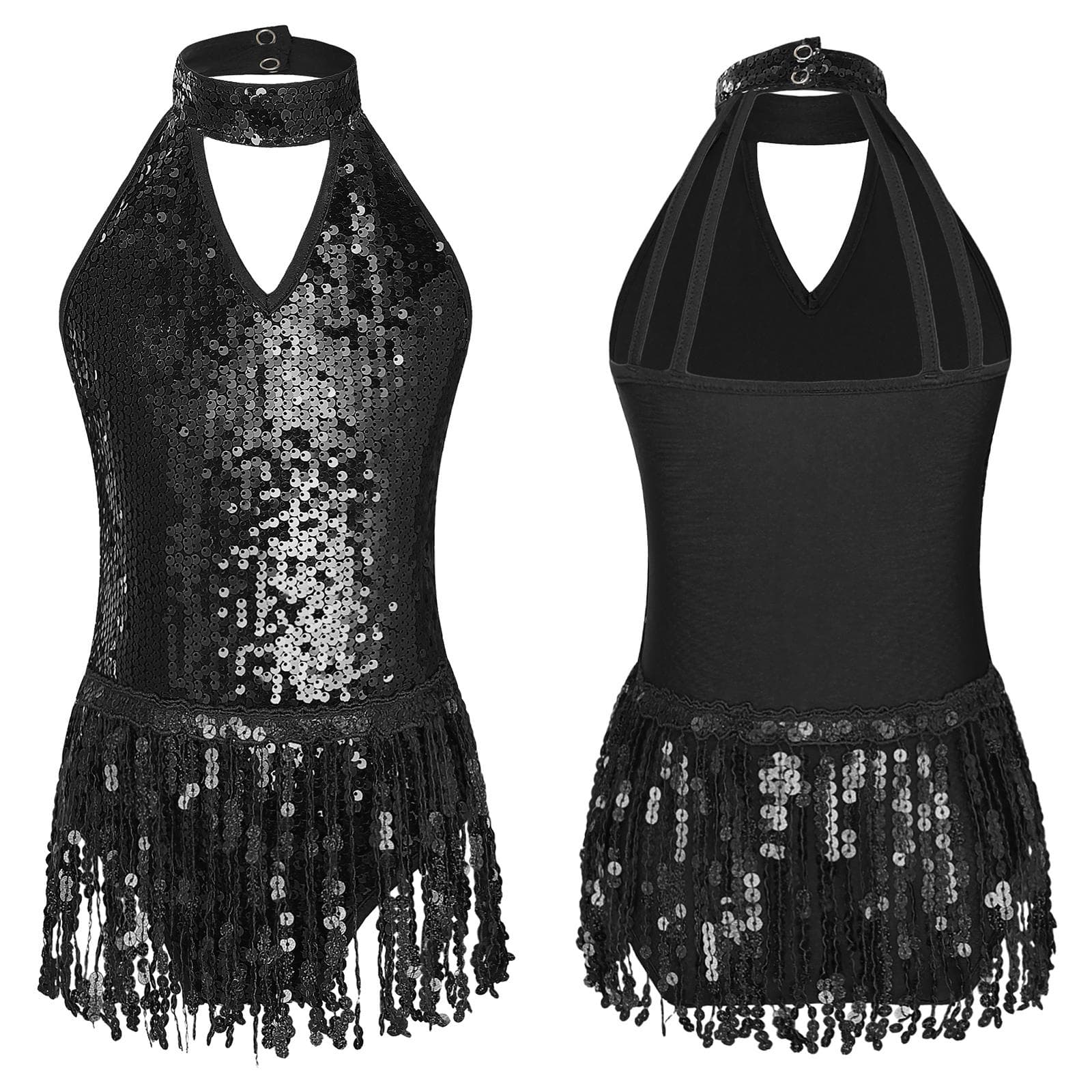 Kids Girls Latin Dance Shiny Sequin Sleeveless Round Collar Tassel Hem Leotards Skating 13-14 Years black