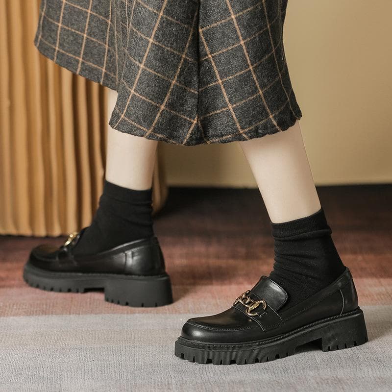 New British Style Black Leather Shoes Women's Horsebit Thick-soled Loafers Spring and Autumn Slip-on Platform Shoes 40