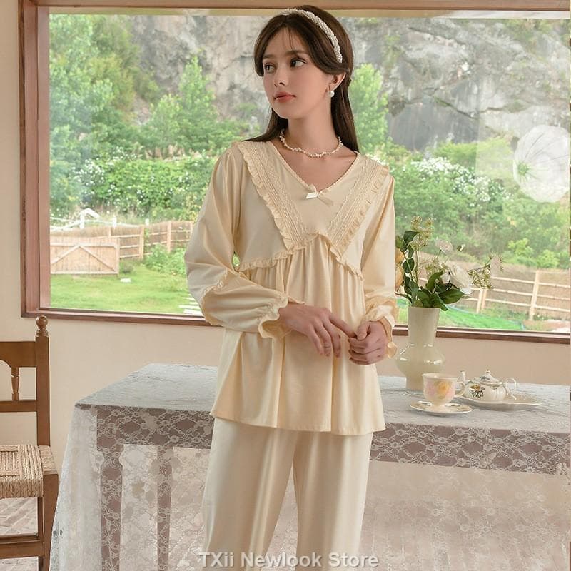 Long Sleeve Pajamas Set French Lace Court Style Autumn Two-Piece Home Clothes Can Be Worn Externally L