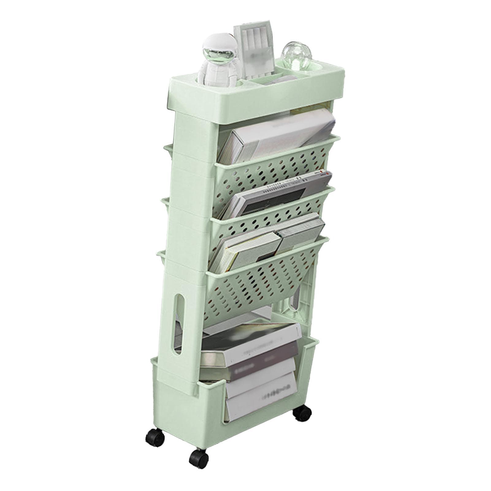 Movable Bookshelf Multipurpose Large Capacity Multilayer 4 Universal Wheels Deskside Bookshelf for green