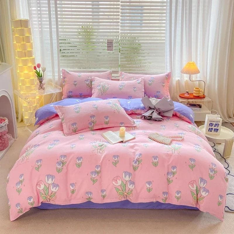 Botanical Floral Duvet Cover Soft Reversible Flower Comforter Cover 4pcs Bedding Set(1 Quilt Cover+1 Flat Sheet+2 Pillow Shams) 180x220cm 4pcs set