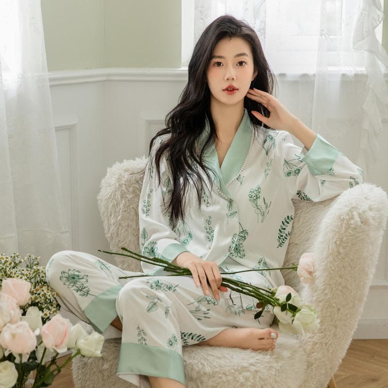 Spring and Summer Thin Printed Pajamas Long-sleeved Cardigan Trousers Home Clothes Loose Lapel Pajamas Sexy Casual Pajamas XL green