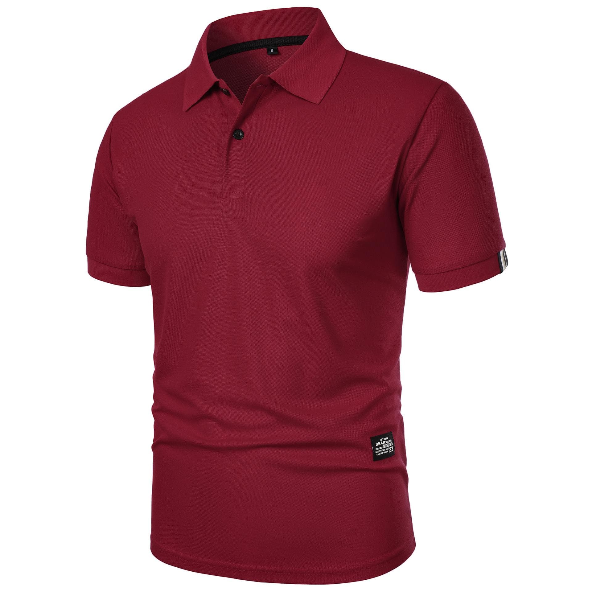 European and American Style Men's Summer Solid Slim Fit Top Fashion Short Sleeve Turn Down Collar T-shirt M burgundy