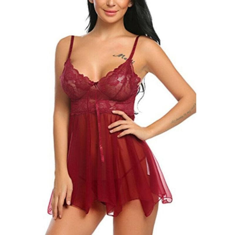 S-4XL Sexy Women Lace Babydoll Lingerie Nightdress See-through Sleepwear Nightwear Mini Dress XXXL wine red